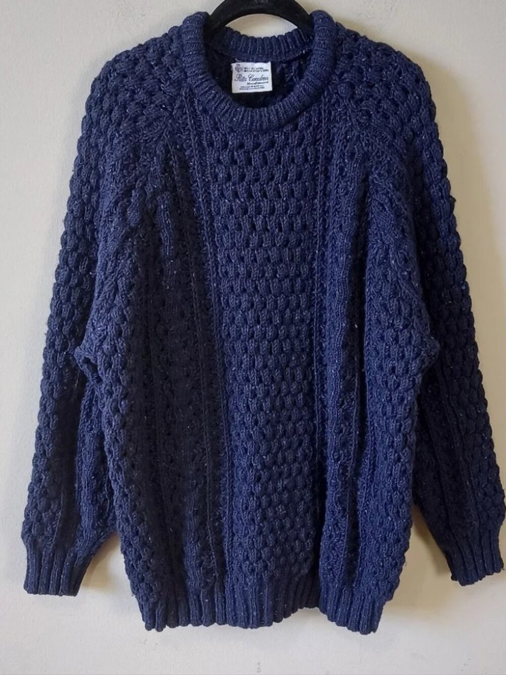 VTG Rita Condron Ireland Handloomed Coastal Chunky Open Knit Wool Sweater Navy
